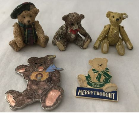 3 metal miniature jointed Steiff teddy bears to include one wearing a Tam O'Shanter hat. Together with a Steiff bear pin badg