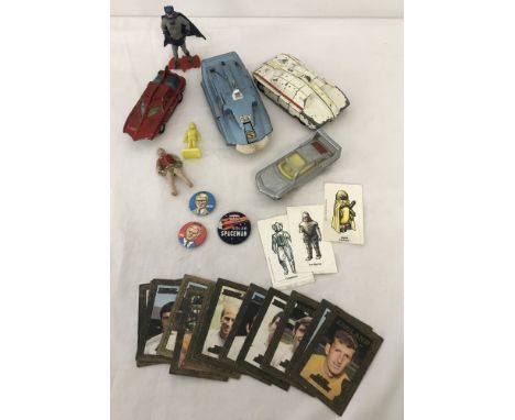 A collection of mainly TV related toys in a Star Wars tin. Includes 3 x Dinky Capt. Scarlet vehicles, a Dinky Sam's car, Joe 