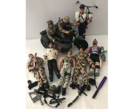 A box of assorted Action Man figures and accessories. To include 8 Action Man figures, motorbike and sidecar and a Turbo-Copt