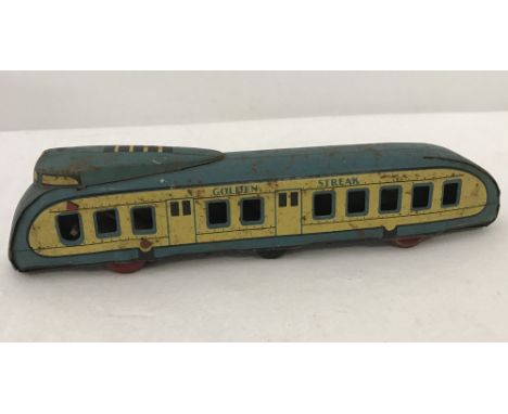 A c1930's Wells Brimtoy tinplate wind-up 'Golden Streak' Railcar. In blue & cream livery. Mechanism in working order, but mov