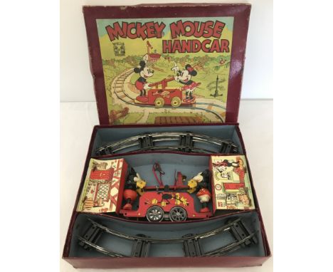 Wells Brimtoy scarce pre-war boxed Mickey Mouse Handcar set. c1930's set in very good condition, comprising 4 wheeled clockwo