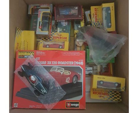 A box of boxed diecast with a few unboxed. To include Maisto and Bburago, and an Elm Cooper racing car 