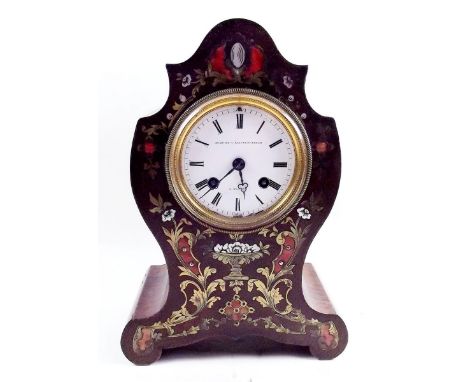 A rosewood cased mantel clock with floral marquetry decoration in brass and mother of pearl, the dial marked Aubert & Klaftem