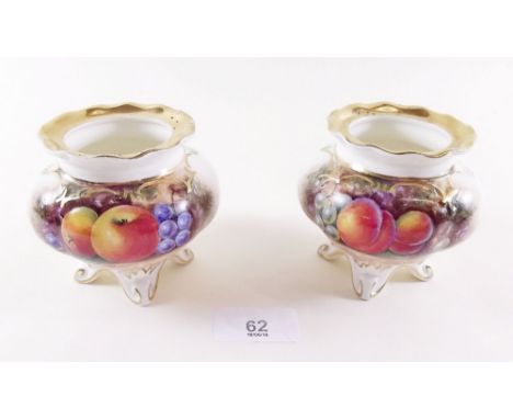 A pair of Royal Worcester style small vases painted fruit by Leighton Maybury