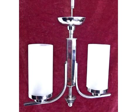 A 1930's Modernist or Art Deco chrome plated twin light fitting and glass shades