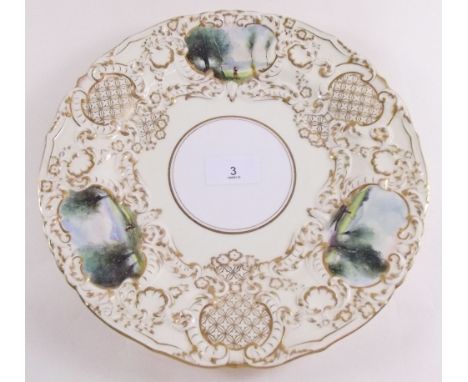 A Royal Worcester plate painted landscape reserves on yellow and gilt ground 