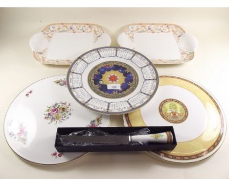 Two Royal Worcester cake stands, a knife, a millennium plate and two Royal Worcester Fresco cake plates 