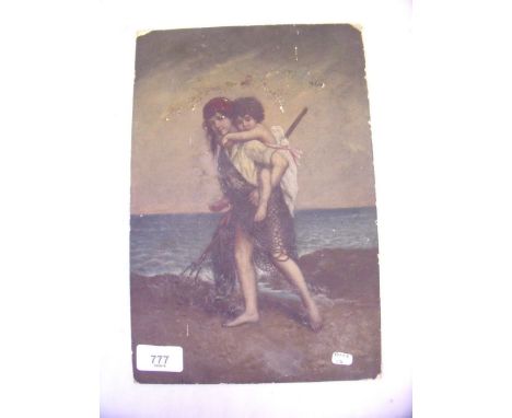 An oil artists board Italian style coastal scene with child and a baby holding fishing trident and nets, 30 x 20cm