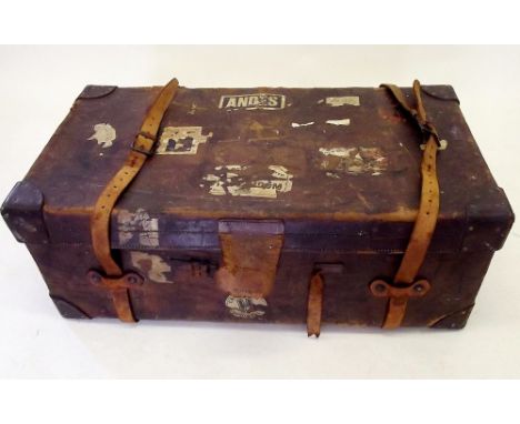 A large old Victorian leather military trunk 