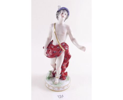 A 19th century porcelain figure of Mercury on a circular base with gold crown and monogram mark to rear, 21cm tall, condition