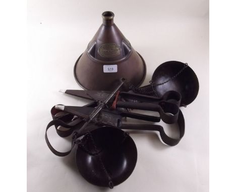 Four old pairs of sheep shearers, a set of balance scales and a washing dolly
