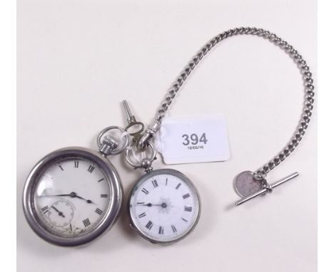 An 800 standard silver fob watch and a silver fob chain plus a silver plated watch in watch case 