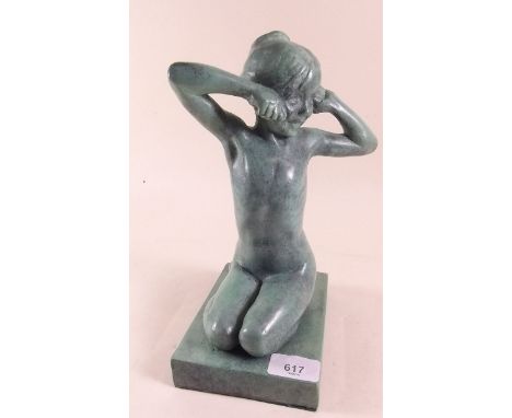 E W Whitney - bronze sculpture of a young girl kneeling, 26cm 