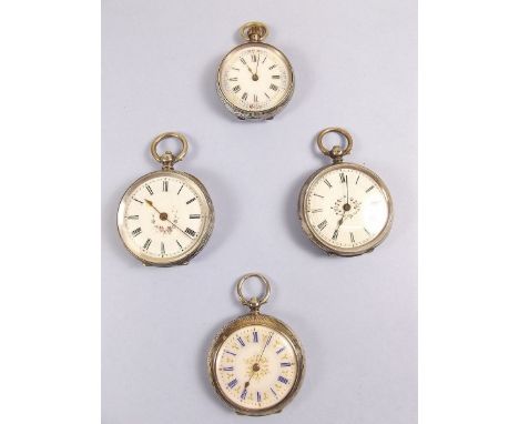 Four continental silver fob watches with enamel dials 