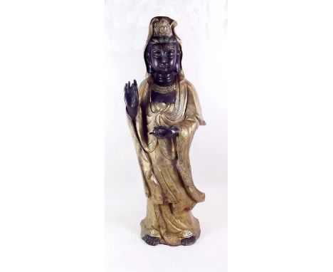 A Chinese large bronze Quan Yin figure with gilt robes and headdress, 56 cm tall