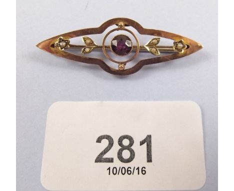 An Edwardian 9 carat gold bar brooch set amethyst and seed pearls, boxed 