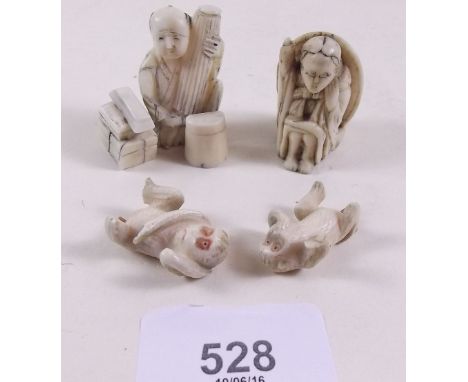 A Japanese late 19th century ivory small figure with parasol and a bone netsuke plus two miniature bone monkeys