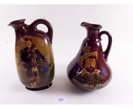 A Royal Doulton Kings Ware Dewars flask painted bagpiper and a similar Ben Johnson jug, both with a small chip