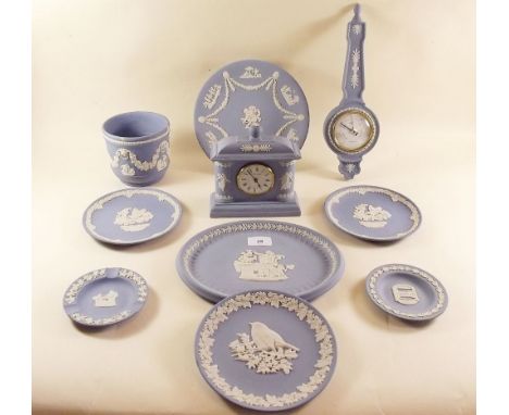 A Wedgwood Jasperware clock, barometer, five plates and two pin dishes 