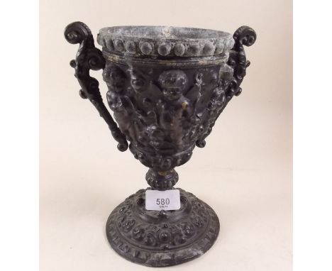 A Victorian painted electrotype two handled cup decorated cherub with registration mark, a/f