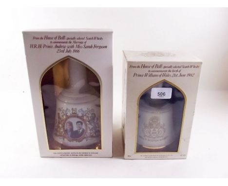 A Bells Scotch Whisky decanter for Fergie and Andrew and another for Prince William - boxed and unopened 
