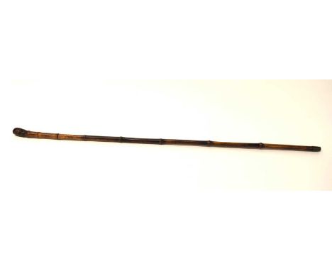 19th Century bamboo sword stick with square tapering steel blade and brass feral. Overall length of stick: 87cm, length of bl