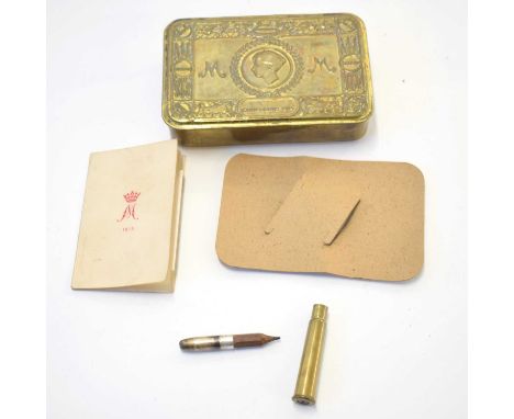 First World War British 1914 Queen Mary Christmas tin, with 1915 Christmas card and a pencil in a bullet