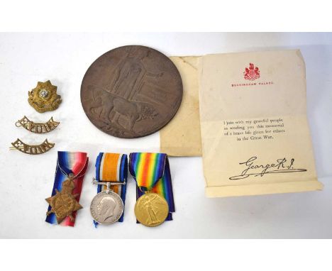 First World War British casualty medal trio and death memorial plaque comprising of 1914-15 star, 1914-18 war medal and 1914-