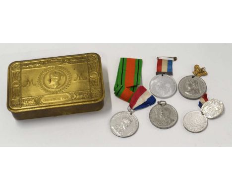 First World War 1914 Queen Mary Christmas tin with a small quantity of Victorian, GRV, and ERVIII commemorative jubilee medal