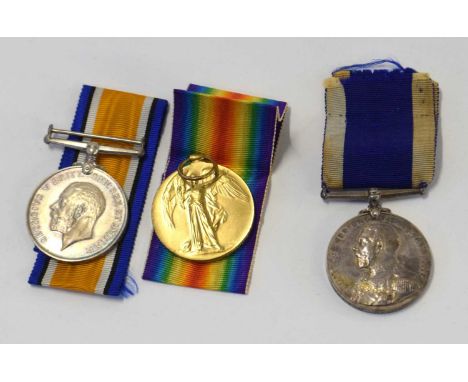 First world war medal group of three, comprising of 1914-18 British war medal, 1914-19 victory medal and GRV Royal Naval Long