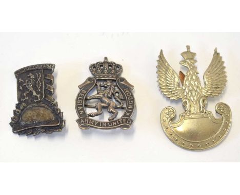 Three European military cap badges to include Polish eagle cap badge, Czechoslovak army commemorative badge made by H.W Mille