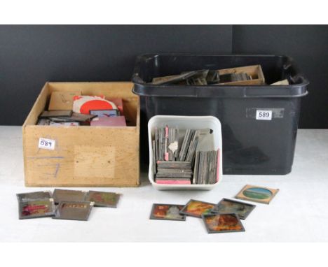 Collection of magic lantern slides across two large boxes, subjects to include topographical; British, Scotland, illustrated 