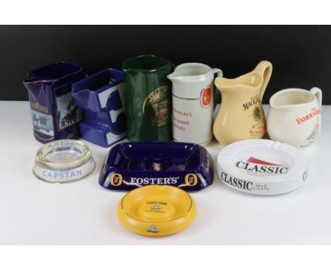 Advertising - Six water jugs and four ashtrays, featuring The Famous Grouse Scotch Whisky, Martell Cognac, Mackinlay's, Wills
