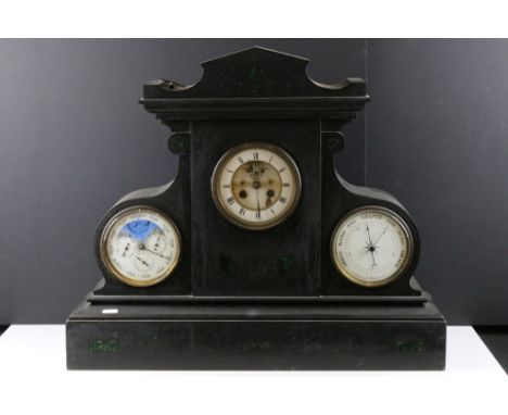 Large Victorian slate mantle clock with inlaid malachite panels and engraved scrolls, the central dial with Roman numerals an