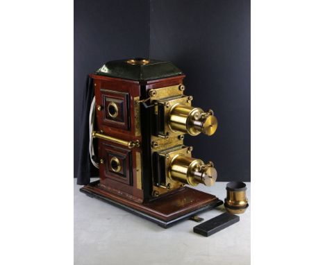 Large 19th century mahogany, gilt brass &amp; tinplate magic lantern projector, converted to electric, with twin gilt brass l