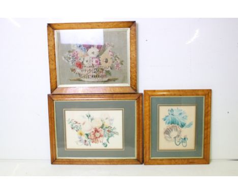 Needlework picture, flowers in a basket, 29 x 39cm, bird's eye maple frame, English School, spray of flowers, watercolour, 33