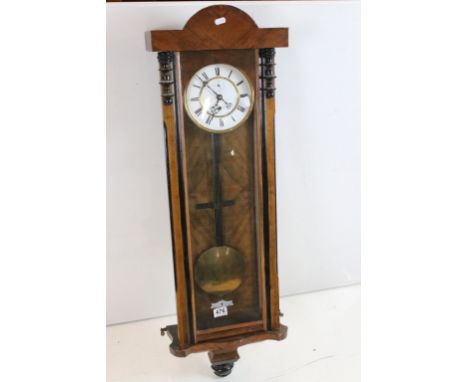 19th century Walnut and Ebonised Cased Hanging Wall Clock, the white enamel face with Roman numerals and seconds dial, 108cm 