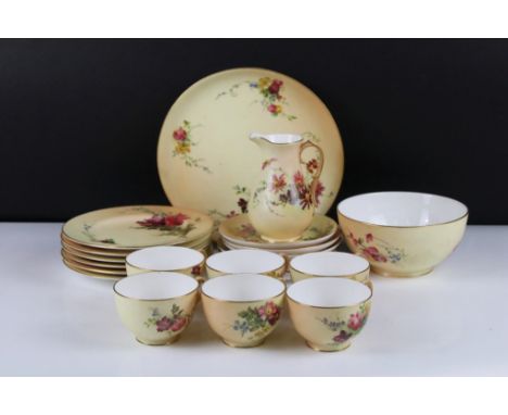 Early 20th Century Royal Worcester Blush Ivory Tea Set For Six with hand painted floral decoration, numbered W5343, date code