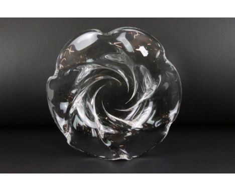 Orrefors Swedish clear glass organic swirl bowl of flower head form. Likely Sven Palmquist design. Signed to base, and number
