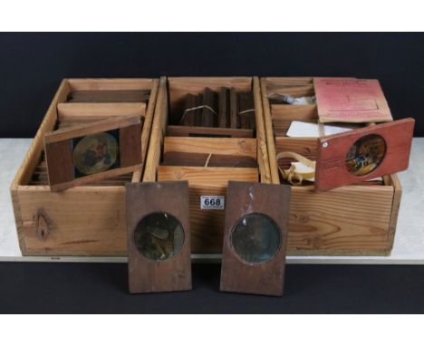 Approx 85 Victorian wooden framed magic lantern glass slides to include Puss in Boots story slides, Cinderella, Sinbad The Sa