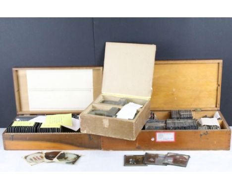 Three boxes of magic lantern slides, subjects to include: The Snow Queen, carols and nativity scenes, topographical scenes, h