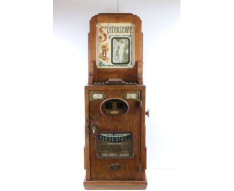 Bollands ' The Auto Stereoscope ' Peep Show stereoscope viewer coin slot machine, circa 1935, with brass viewing window, 18 s