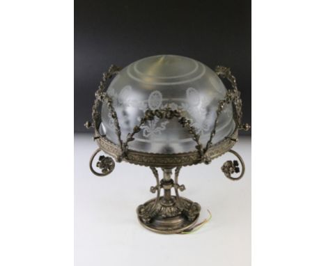 Early 20th century silver plated three-branch ceiling light fixture, the etched glass shade with floral garland decoration. (