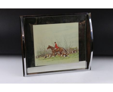 Art Deco Chrome Twin Handled Serving Tray, the mirrored surface inset with a hunting scene picture, raised on four ball feet,