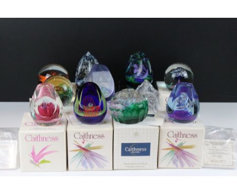 Ten boxed Caithness glass paperweights to include Confusion Series No. 5 (ltd edn 1/1), Tapestry (ltd edn no. 243/500), Tramp