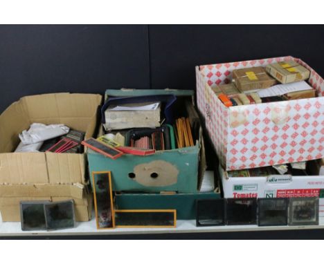 Five boxes of magic lantern slides, subjects to include: stories, Everett Edgcumbe London electrical components, boxed sets o