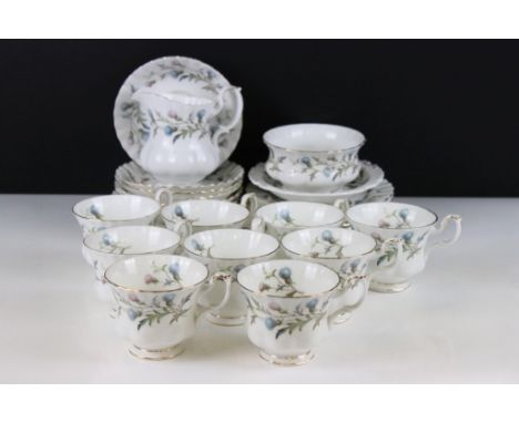 Royal Albert ' Brigadoon ' tea set to include 9 teacups, 9 saucers, 9 tea plates, milk jug, sugar bowl and a small circular d
