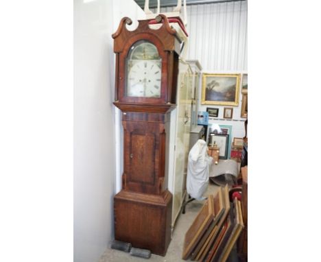 19th century 8 day Longcase Clock, constructed of mixed woods, the arched painted face decorated with hunting scenes, Roman n