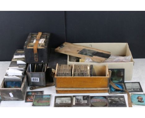 Six boxes of magic lantern slides, subjects to include: cats, fishing scenes (Studies of Fisher Life), Cornwall and nautical 