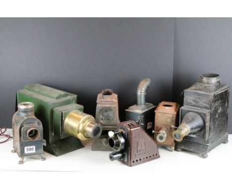 Seven 19th Century Victorian tin plate and brass magic lantern slide projectors to include ' Boys Own ' , bakelite Dux Episco